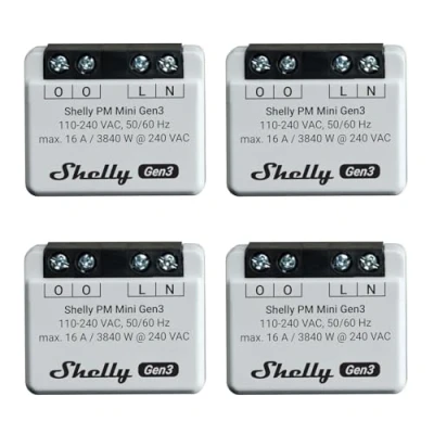 Immagine di Shelly PM Mini Gen 3 Confezione da 4 Wi Fi e Bluetooth Smart Power Meter 1 canale 16 A Domestica Compatibile con Alexa Google Home App iOS Android Nessun hub richiesto