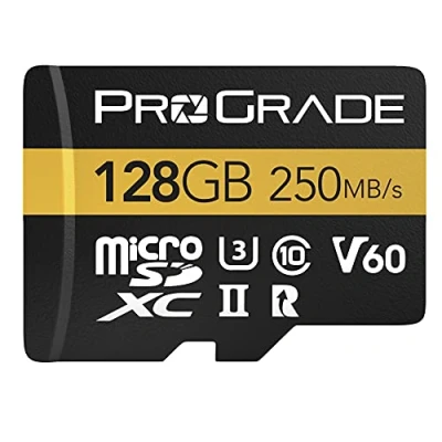 Immagine di Scheda microSD V60 (128 GB), testata per dispositivi di schede SD dimensioni intere, fino a 250 MB/s in lettura, 130 scrittura ProGrade Digital