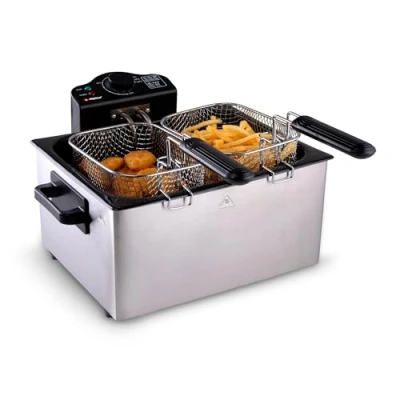 Immagine di alpina Friggitrice Olio 5 Litri Doppio Cestello con 3 Cestelli per Frittura, 1x Grande e 2x Piccoli Frigitrice Regolabile fino a 190 C 2000W Acciaio Inox