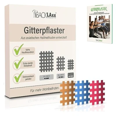 Immagine di BACKLAXX ® Nastro a griglia 180 pezzi di qualità premium Set cerotti in dimensioni tipo eBook completo con 60 esempi utilizzo Cerotto per agopuntura Cross Tape