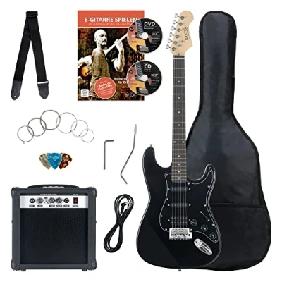 Immagine di Rocktile Banger&#039;s PowerPack Set Chitarra Elettrica Nera Kit Completo per Chitarre Elttriche con Amplificatore 25W, Custodia Morbida, Cavo, Tracolla, Tremolo, Plettri Black Highgloss