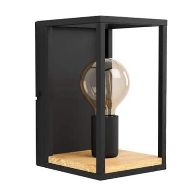 Immagine di Eglo lampada da parete Libertad, a luce singola, illuminazione per interni in metallo nero e legno natura, con interruttore, presa E27