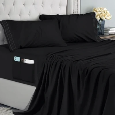 Immagine di Utopia Bedding Set Lenzuola Ricamate 4 Pezzi 150x200 Microfibra Di Poliestere Lenzuolo Con Angoli Tasche Portaoggetti, Piatto e 2 Federe (King, Nero)