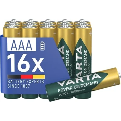 Immagine di VARTA Pile AAA, ricaricabili, confezione da 16, Recharge Accu Power on Demand, batteria ricaricabile, 1000 mAh Ni MH, senza effetto memory, precaricate, pronte all&#039;uso [Esclusivo su Amazon]