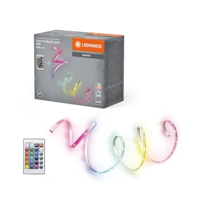 Immagine di LEDVANCE TV MOOD Striscia LED con USB, 4 W, controllo colore RGB, flessibile e pieghevole, per uso interno, autoadesiva, telecomando incluso, non sostituibile, facile installazione