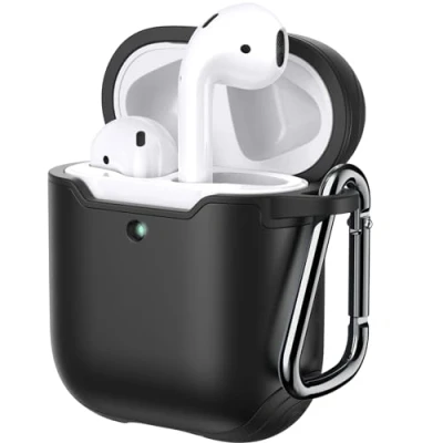 Immagine di JETech Cover Custodia per AirPods (1a &amp; 2a Generazione), PC e TPU, Protettivo Pelle con Portachiavi (Nero)