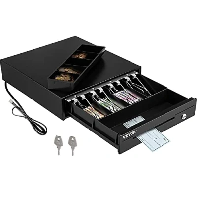 Immagine di VEVOR Cassetto per Registratore di Cassa, Portasoldi Apertura Automatico con 3 Metodi Sblocco, Cassetta Portavalori 4 Scomparti Banconote e 5 Monete, 33,6 x 36,8 8 cm (Nero)