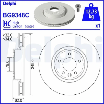 Immagine di DELPHI BG9348C Disco freno 349 34 5 ventilato rivestito ad alto tenore di carbonio senza cuscinetto ruota, anello sensore ABS