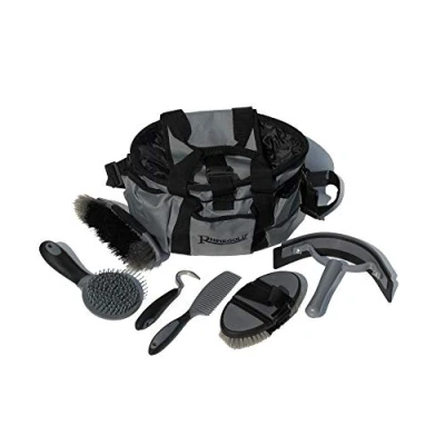 Immagine di Rhinegold borsa per la toelettatura grigia con kit, set regalo da 7 pezzi che include tutti i tipi di spazzola peli cavallo, pettine curry e plettro zoccoli una multiuso