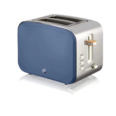 Immagine di Swan Nordic Tostapane con slot ampio, 2 fette, 3 funzioni, 6 livelli di tostatura, design moderno in acciaio inox, maniglia effetto legno, blu opaco