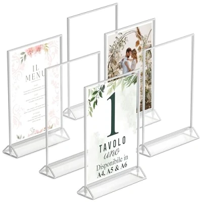 Immagine di Dasher Products Cornici D&#039;argento a Doppia Faccia A5 6 Pezzi Portanumeri da Tavolo in Acrilico d&#039;argento, Porta Brochure Banco, Supporti Trasparenti per Insegne, Portamenu, Foto