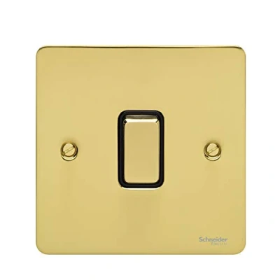 Immagine di Schneider Electric Ultimate Flat Plate Interruttore singolo a 2 vie, 16AX, GU1212RBPB, in ottone lucido con inserto nero