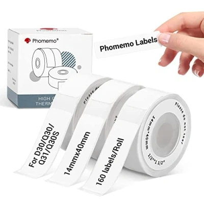 Immagine di Phomemo D30 Q30S Etichette, Etichette Bianche Termiche Autoadesive per Stampante di D30, Q31, Q30S, Q30,14x40mm,160 Etichette/Per Rotolo, 3 Rotoli