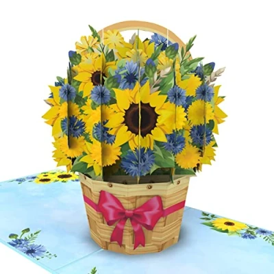 Immagine di MOKIO® Biglietto Fiore Pop Up Cesto di Fiori con Girasoli regalo 3D per un compleanno, come buono o in denaro, auguri floreale busta