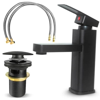 Immagine di MSC rubinetto miscelatore nero con design a leva singola, per lavabo opaco, adatto come guardaroba, include scarico e tubi flessibili,