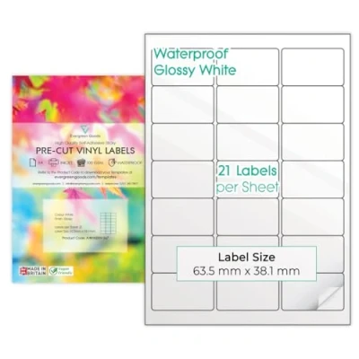 Immagine di 10 fogli A4 in vinile lucido (PVC) bianco pretagliato, impermeabili, multiuso, etichette autoadesive multi adesive, stampabili a getto d&#039;inchiostro (7 x 7 (21 per foglio)