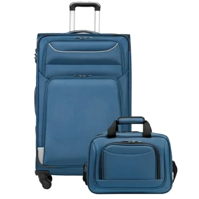 Immagine di COOLIFE valigia trolley da viaggio di 4 ruote in tessuto bagaglio a mano serratura TSA La contiene 1 grande borsa tracolla, blu+argento, Großer Koffer Set 2tlg,