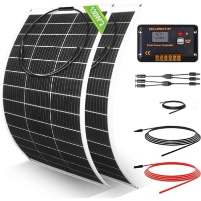 Immagine di ECO WORTHY Kit pannello solare flessibile da 260 Watt 12 Volt indipendente dalla rete: 2 pezzi 130 W + display LCD 30 A cavo 5 m per roulotte, camper, barca, cabina,