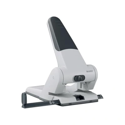 Immagine di Leitz Pratica e Robusta Perforatrice da Ufficio, Capacità fino a 65 Fogli, Argento, Metallo, Guida di Arresto con Barra Selezione del Formato, 51800084