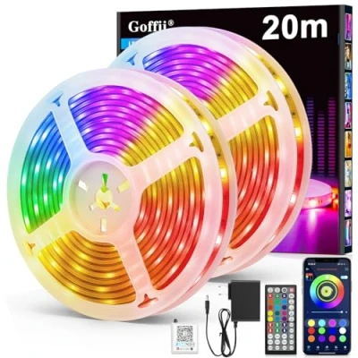 Immagine di striscia LED da 20 m, RGB Bluetooth, autoadesiva, con telecomando e app. sincronizzazione musicale, regolazione timer, dimmerabile, luminosa a per decorare la stanza (2 x 10