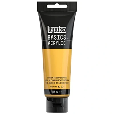 Immagine di Liquitex 8870042 Basics Pittura acrilica, Pigmenti per artisti monopigmentati, Resistente alla luce, durevole nel tempo, Finitura satinata, Tubo da 118 ml Giallo Di Cadmio Scuro Imitazione