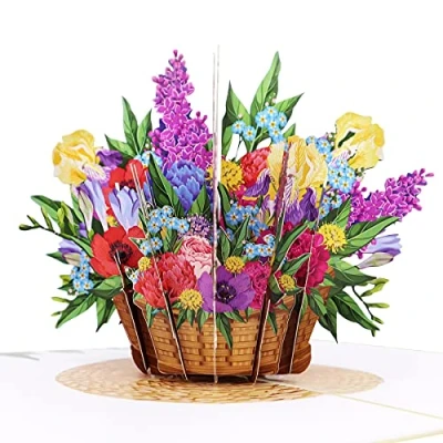 Immagine di MOKIO® Biglietto Fiore Pop Up Cesto di Fiori colorati regalo 3D per un compleanno, come buono o in denaro, auguri floreale con busta