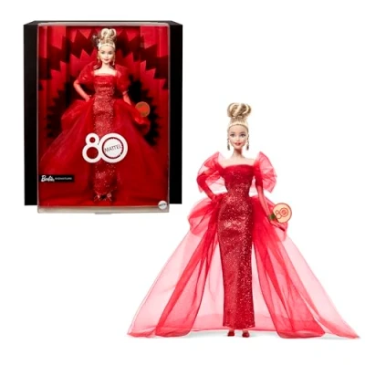 Immagine di Barbie Signature 80 Anniversario Mattel, bambola bionda da collezione in abito tulle rosso scintillante con orecchini a goccia e guanti velati, giocattolo per bambini, 6+ anni, JBJ17