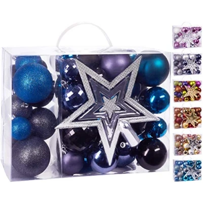 Immagine di Brubaker Set di 50 Pezzi Palline Natale con Cima d&#039;albero Decorazioni per L&#039;Albero in Nero Viola e Blu