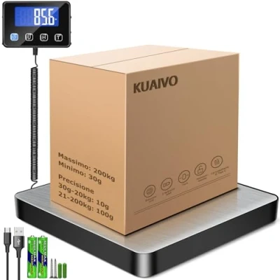 Immagine di KUAIVO Bilancia Professionale 200kg/10g Alta Precisione, Pesa Pacchi con Funzione LCD/Hold/Tara, Postale Piattaforma in Acciaio Inossidabile per Pacchi, Magazzino e valigia