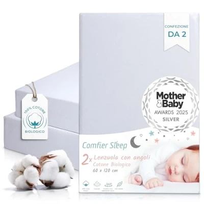 Immagine di Lenzuola Lettino Neonato 60x120 cm Con Angoli 100% Cotone Biologico Completamente Naturali Colore Grigio Set di 2 Culla Ultra morbide e Comode Per il Tuo Bambino