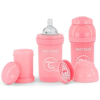 Immagine di Twistshake 2x Biberon Anticolica Con Contenitore Per Il Latte In Polvere E Miscelatore 180ml, Capezzolo Silicone A Flusso Lento, Senza BPA, 0+ Mesi, Rosa
