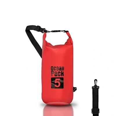 Immagine di Dry Bag, Borsa Sacca Zaino impermeabile Waterproof, chiusura a rotolo e tracolla, custodia per cellulare marsupio Mare Barca Pesca Rafting Spiaggia Sport Acquatici (Red, 5l)
