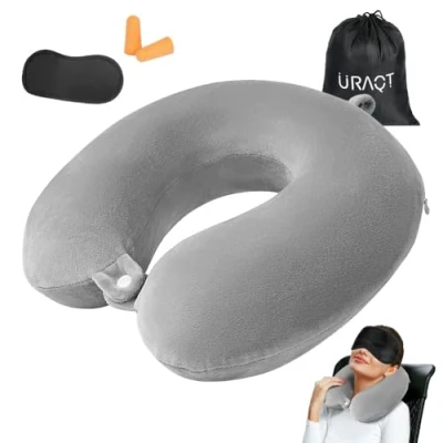 Immagine di URAQT Cuscino da Viaggio, per il Collo in Memory Foam, Cervicale Viaggio con Maschera Dormire, Tappo le Orecchie, Auto, Aereo, Ufficio, Casa(Grigio)