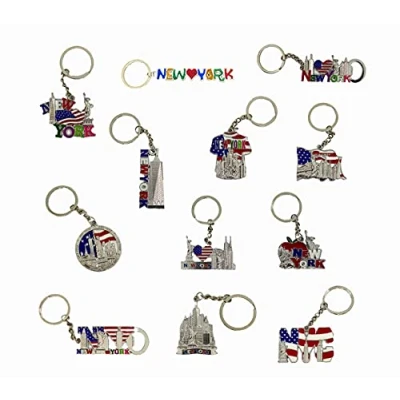 Immagine di Confezione da 12 portachiavi in metallo New York NYC collezione di souvenir, Set regalo include Empire State, Freedom Tower, Statua della Libertà, Bandiera USA e altro ancora, Argento,