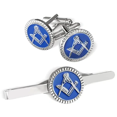 Immagine di The Masonic Collection Set di gemelli e cravatte quadrati compasso, da uomo, placcati in argento blu, forniti sacchetto velluto/confezione regalo, regalo qualità massone per uomini,