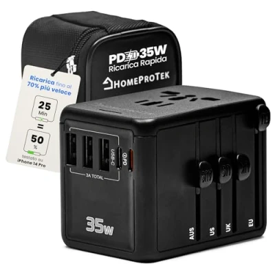 Immagine di HOMEPROTEK Adattatore Universale da Viaggio 35W Presa per UK EU US Canada Australia Cina Giappone fino a 200 Paesi, 3 Porte USB A, 1 C Ultra Veloce e C, Accessori Utili