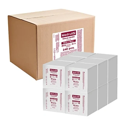 Immagine di Medrull Compresse sterili 10 x cm, non adesive, extra assorbenti, a 8 strati, confezionate in 20 bustine di carta da 5 pezzi l’una 12 scatole (1200 pezzi).