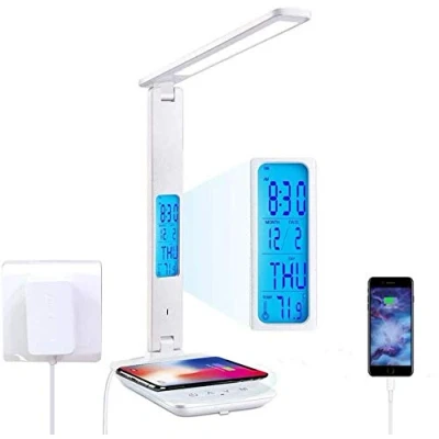 Immagine di Lampada da Scrivania LED con 10w Ricarica Wireless,Lampada tavolo e 5 livelli Luminosità,Dimmerabile,orologio,porta USB, controllo touch,luce notturna a colori,LCD,pieghevole (ufficio bianco)