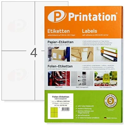 Immagine di etichette in pellicola 105 x 148,5 mm, resistenti alle intemperie, trasparenti, opache, su foglio DIN A4, 2 etichette/lato 100 105x148,5, autoadesive, stampabili con stampante laser (25)