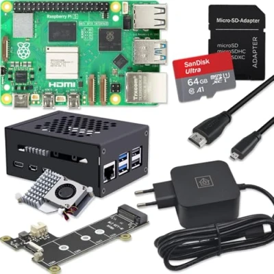 Immagine di Raspberry Pi 5 8 GB PCIe M.2 NVMe Kit alloggiamento in metallo Active Cooler SSD Board alimentatore USB C 27 W scheda SD da 64 cavo micro HDMI 4K