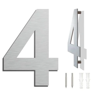 Immagine di spazzolato moderno numero civico 8 pollici 203 mm altezza, in solido acciaio INOX 304, galleggiante aspetto e facile da installare (Numero 4 Quattro)