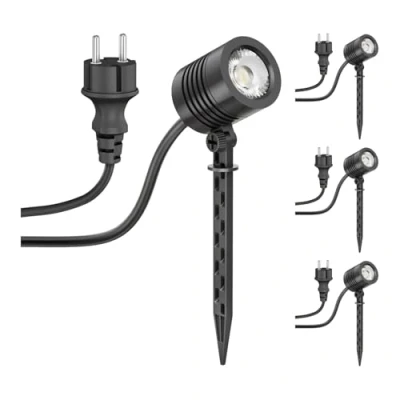 Immagine di ledscom.de 4 pezzi Piccolo faretto da giardino a LED con picchetto terra TARL per esterni, IP65, spina, nero, 4,3 W, 340lm, bianco caldo