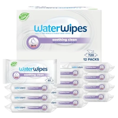 Immagine di WaterWipes Soothing salviette lenitive pulite per neonati, 720 (12 Confezione), con il 99% di acqua ed estratti botanici, umidificate viso e corpo