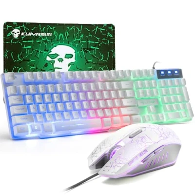 Immagine di Tastiera e Mouse da Gioco, 104 Tasti Retroilluminazione Arcobaleno LED Tastiera, 4 Pulsanti 2400 DPI Tappetino per Mouse, USB Cablato Compatibile con PS4 XBox(Necessario Adattatore) Bianca