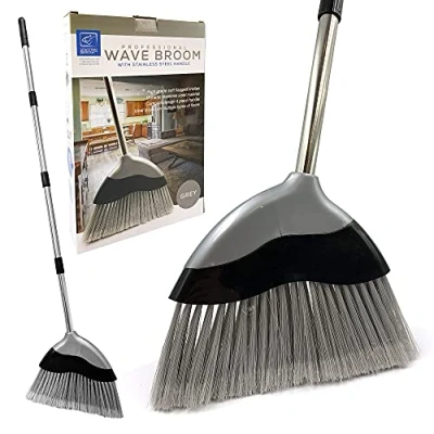 Immagine di Scopa morbida per interni con manico lungo 120 cm ondulata spazzola angolata a setole morbide e in acciaio inox 4 sezioni, pavimenti la pulizia di casa cucina