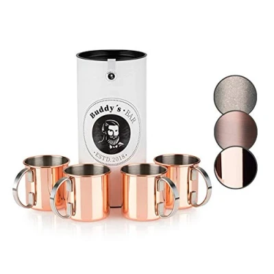 Immagine di Buddy&#039;s Bar tazza Moscow Mule 450 ml, in acciaio inox di alta qualità, per uso alimentare, da cocktail con confezione regalo, rame lucido, set 4 pezzi