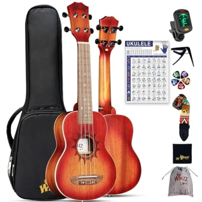 Immagine di Winzz Ukulele Soprano per Adulti Principianti, in Mogano da 21 pollici Bambini Kit di Avviamento, Set Regali Unico, Design Unico (Corde Carbonio, Sunburst Opaco)