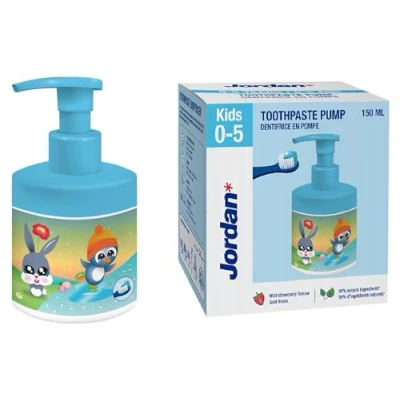 Immagine di Jordan* Dentifricio per bambini con pompa dosatrice in erogatore a equivalente 3 tubi normali Soluzione innovativa e comoda 0 5 anni 500 ppm Fragola 150 ml