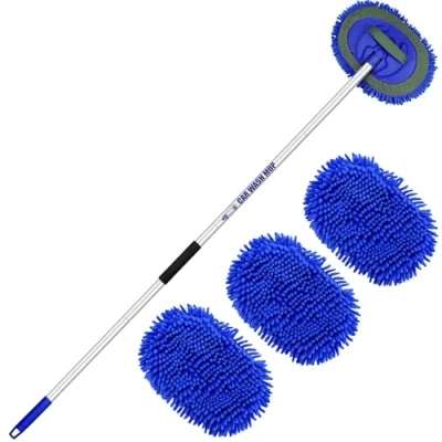 Immagine di 160cm 63&quot; Spazzola Lavaggio Auto con Manico Telescopico Microfibra Spazzolone Pulizia Camion Kit Detailing Accessori Camper Car Vetri Prodotti Autolavaggio 2 In 1 Interni Wash Brush (3 Teste Ricambio)
