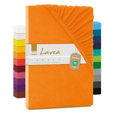 Immagine di Lavea, lenzuolo in jersey con angoli, serie Maya, 100% Cotone, lavorazione di alta qualità, elastico, certificazione Oeko Tex 100, Tramonto, 120 x 200 cm